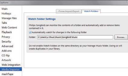 Slik angir du itunes-mediemappen Slik angir du overvåkingsmappen I Philips Songbird angir du overvåkingsmappen på følgende måte: 1 På Philips Songbird går du til Tools Verktøy > Options.