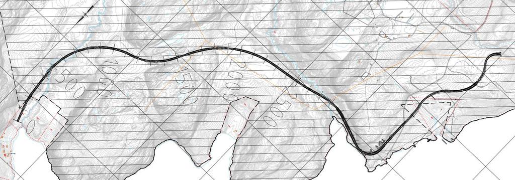 Forsvarets område Gamnes Pulknes Kristinebukta Fordeler: Figur 24: Alternativ 3B, plantegning Gamnes-vei til Kristinebukta + Vegen ligger på strekningen Gamnes Kvalbukt ligge lett i terrenget, og har