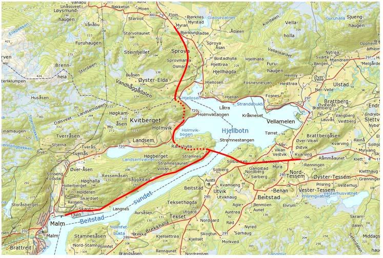 Figur 2 - Oversiktskart som viser hele strekningen som er markert med