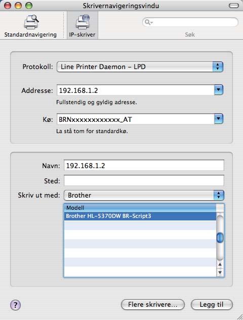 Ved spesifisering av Kønavn (Kø) bruker du PostScript -tjenesten "BRNxxxxxxxxxxxx_AT" for Macintosh.