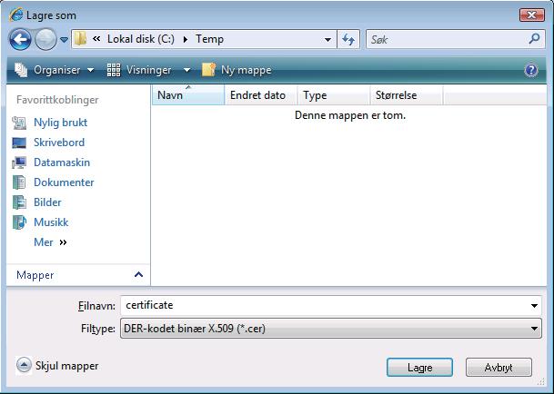 k Velg en mappe du vil lagre sertifikatfilen