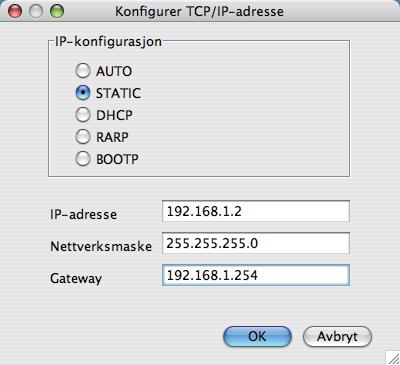 Se Skrive ut skriverinnstillingssiden på side 118. d Velg STATIC fra IP-konfigurasjon.