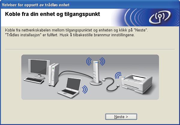 Trådløs konfigurasjon for Windows ved hjelp av Brothers installasjonsprogram (For HL-5370DW) r Koble fra nettverkskabelen mellom tilgangspunktet ditt (hub eller ruter) og