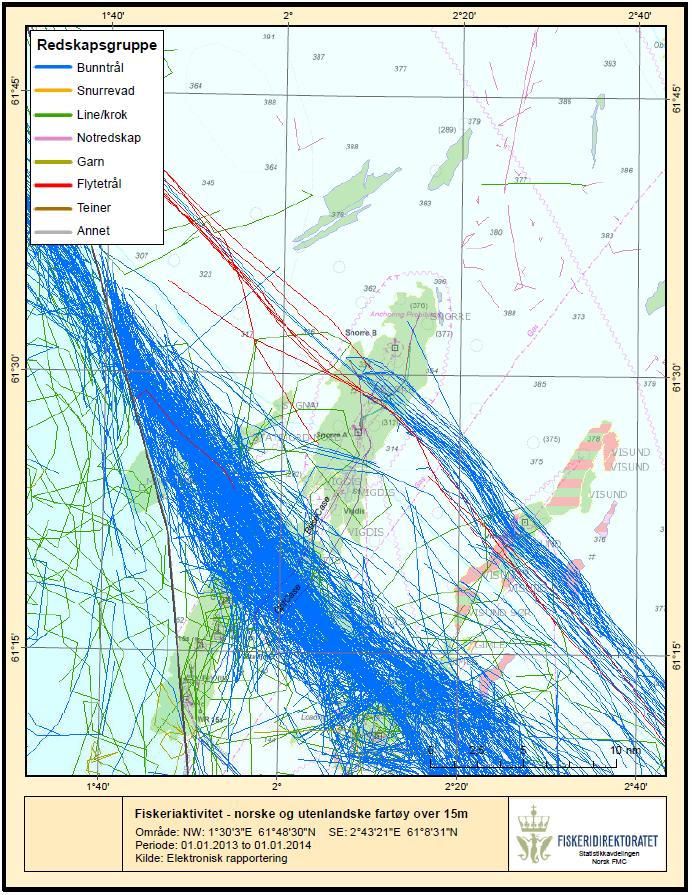 Figur 2-7 Fiskeriaktivitet med norske og utenlandske fartøyer over 15 meter i området omkring Snorre i 2013.