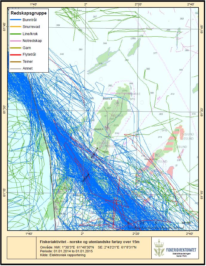 Figur 2-8 Fiskeriaktivitet med norske og utenlandske fartøyer over 15 meter i området omkring Snorre i 2012.