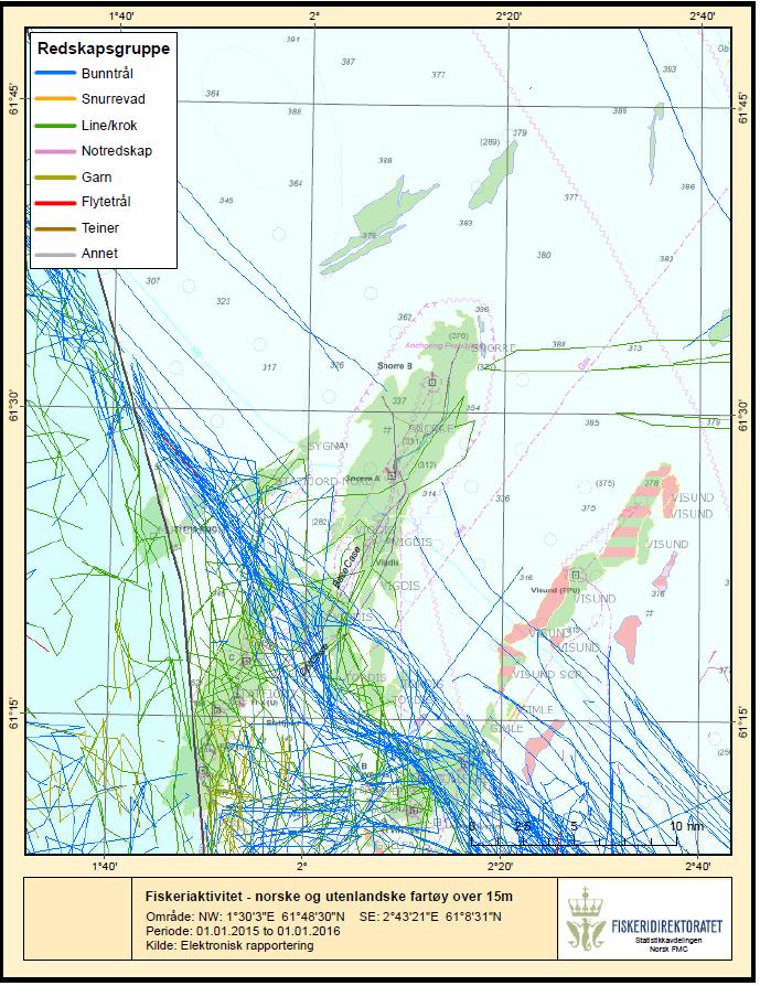 Figur 2-9 Fiskeriaktivitet med norske og utenlandske fartøyer over 15 meter i området omkring Snorre i 2015.