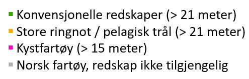 Figur 2-12 Kvartalsvis fordeling av alt sporingspliktig norsk fiske i 2016 unntatt bunntrålfiske (fartøy > 21 meter) i området omkring planlagt utbygging.