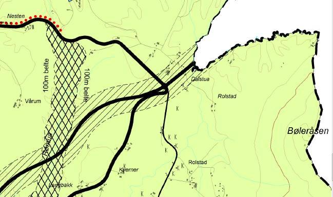Figur 4 Utsnitt av plankart for kommuneplanens arealdel for Ullensaker kommune, som viser 150 meter miljøsone rundt E16 