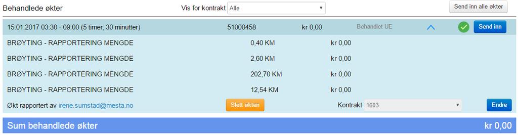 5.1.4 Behandlede økter Her ligger øktene som er behandlet, og klar til innsending. Øktene blir sortert fortløpende på økt.nr, og hver økt viser økt.