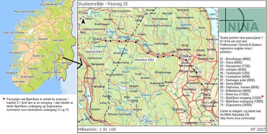 Metode 2.0 METODE 2.1 STUDIEOMRÅDE Riksveg 35 over Romeriksåsen strekker seg fra Grualia i Oppland fylke til Kneppe i Akershus fylke (Fig. 2.1).