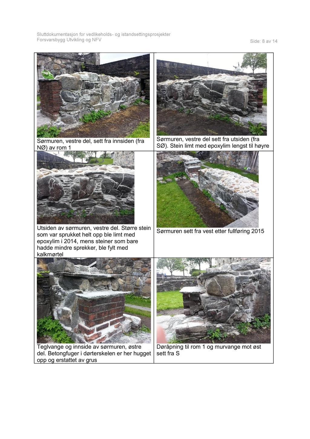 Sørmuren, vestre del, sett fra innsiden (fra NØ) av rom 1 Side: 8 av 14 Sørmuren, vestre del sett fra utsiden (fra SØ). Stein limt med epoxylim lengst til høyre Utsiden av sørmuren, vestre del.