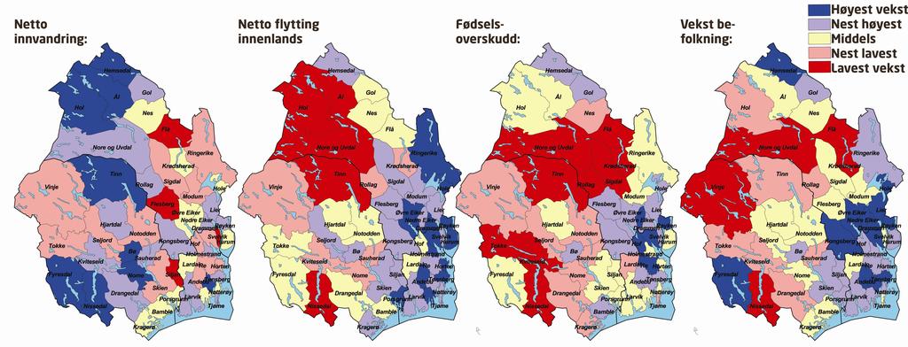 Kart med befolkningsendringer kommuner Figur 14: Befolkningsendringer dekomponert i perioden 2003-2007, netto endringer i forhold til folketallet.