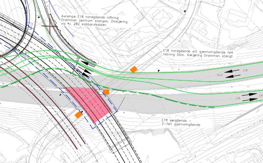 Anleggsgjennomføring Det nye løpet på Strømsåstunnelen må bygges under E18, omtrent der Frydenhaug bru over E18 Målsetting i