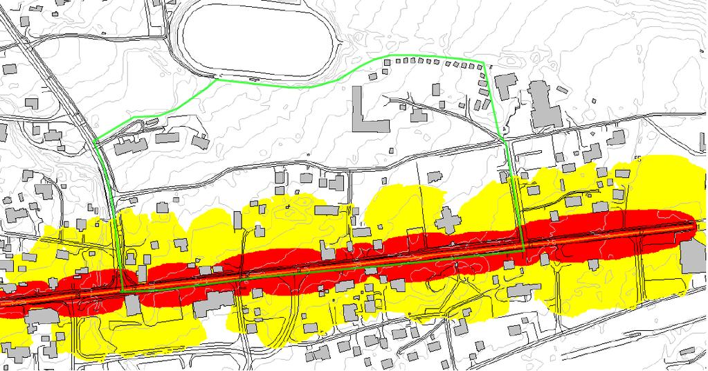 3. BEREGNINGER: I samsvar med T-1442 er det foretatt beregning av støysoner i 4 m s høyde over bakken. Disse beregningene er vist på kart 2 under.
