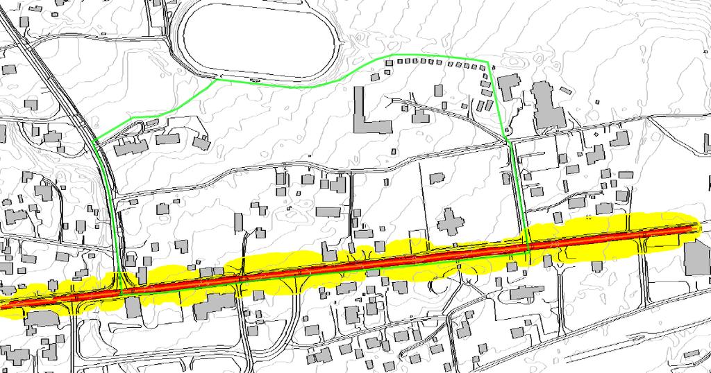 Støykotene i kart 2 er beregnet i 4 m s høyde over bakken som tilsvarer lydnivået uten for 2. etasje i bygninger.