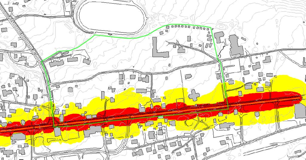 Uten ny E6 vil rød støysone strekke seg 20-25 m ut fra vegmidten og flere av de eksisterende byggene vil bli liggende i rød støysone.