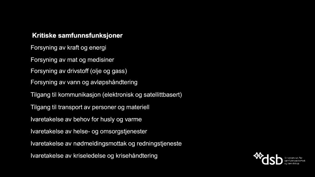 satellittbasert ) Tilgang til transport av personer og materiell Ivaretakelse av behov for husly og varme Ivaretakelse av