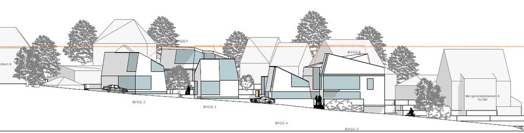 vedlegg F. I tillegg er bygningene plassert i terrenget slik at de følger tomtens naturlige stigning. Dette gjør at bygningskroppene har varierende maksimal kotehøyde.