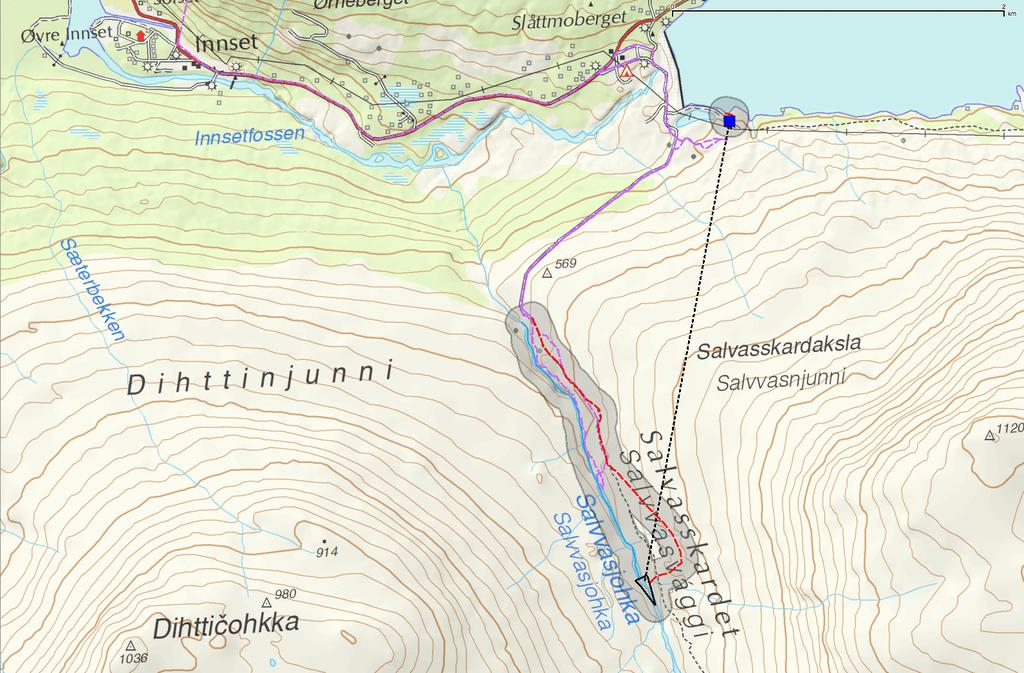 Kraftutbygging i øvre deler av Salvasskarelva, Bardu Biologiske utredninger Ecofact rapport 205 Det planlegges kun ett alternativ, med inntak i elva på kote 634 (Fig.