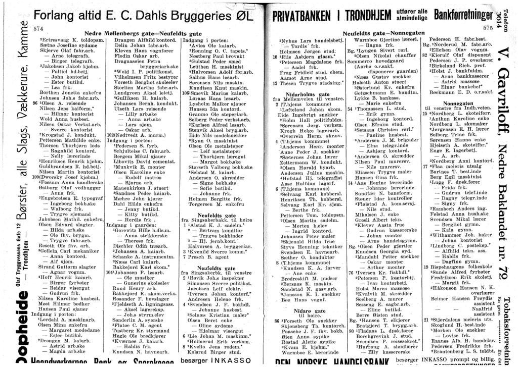 E u 01 /3 si cd II Fbrlang altid E. C. Dahls Bryggeriss ØL e 574 Neufeldts gate 2 Ertresvaag K. tldpsm, Sætnø Jsefine sydame Skjerve laf fabr.arb. Arne telegrafb. Birger telegrafb.