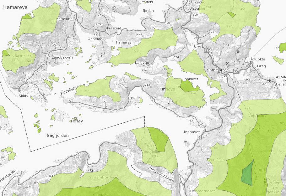 Figur 17: Inngrepsfrie naturområder (INON) rundt Innhavet (kilde: miljødirektoratet) 8.