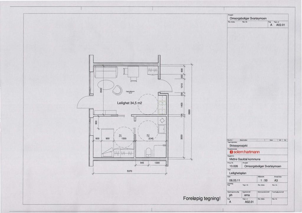 ProssM Omsorgsboliger Svartøymoen Faa Togn.. A A02.01 amidevorn wis Leilighet 34,5 rn2 \ / / I c Sov Bad 9 m, 7, 600 900 1500 2245/ \ 5370 Rev Nr.