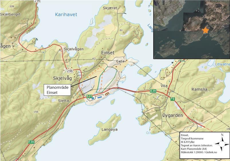 3.0 Området Planområdet ligg langs nordsida av E39, rett før brua som krysser Langsetvågen frå Einset til Øygarden, nært den austlege enden av Aspøya. Landskapet skrånar ned mot fjorden i søraust.