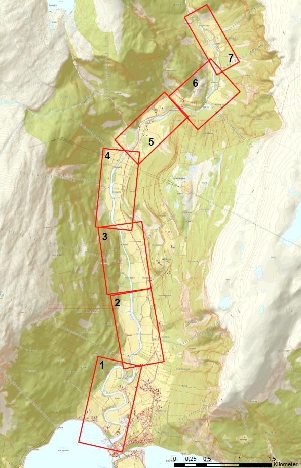 Hødnevodl Lustrafjorden Figur 11. Mørkridselvi fra munning i Lustrafjorden til Hødnevodl, stopp lakseførende strekning.