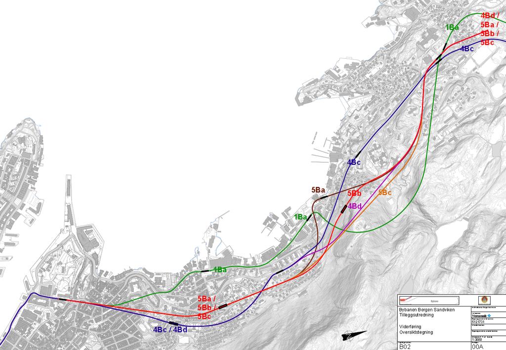 Fig. 5: oversiktskart alternativer vurdert i tilleggsutredningen. Linjeføring og kjøretid Den raskeste linjen gjennom Sandviken er 5Bc, med kun en holdeplass.