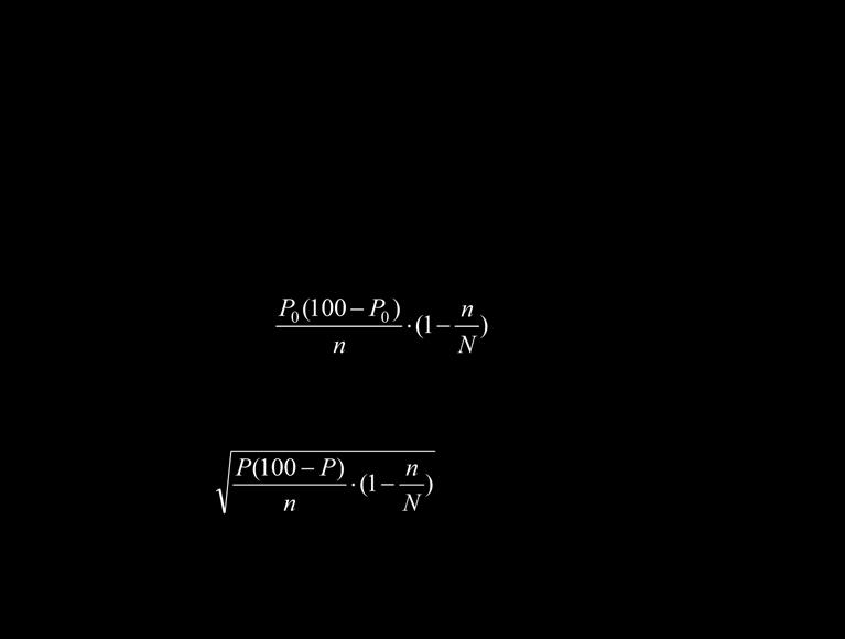 Da er P en forventningsrett estimator for P 0 og standardfeilen er gitt ved: P(100 P) n SE( P) = (1 ). n N Estimeringsfeilen vi begår er forskjellen mellom P og P 0.