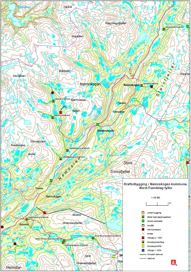 Figur 1: Oversiktskart over småkraftpakke Namdalen. Omsøkte kraftverk er markert med grønn firkant med rød prikk.
