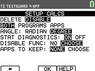 Opprette en kalkulatorinnstilling 1. Velg og kjør applikasjonen TI TestGuard. 2. Fra skjermbildettestguard Home, velg 1: Setup Calcs. (Kalkulatorinnst.) Skjermbildet SETUP CALCS (KALKULATORINNST.