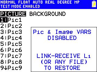 8. På elevens TI-84 Plus C-kalkulator vises Pic- og Image-variablene som deaktivert. TI-84 Plus C 9. I minnebehandlingen (y LMem Mgmt/Del) vises deaktiverte filer med ulikhetstegnet.