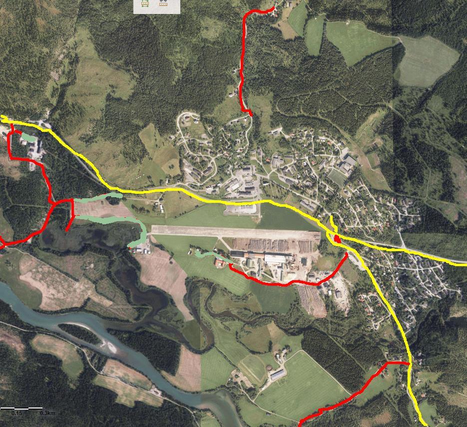 Vedlegg 1 Rode 1: Det skal kantklippes langs kommunale veier m.v. i Hattfjelldal sentrum. Detaljer om veier, plasser ved bygg, boligfelt med snuplasser og kryss i sentrum; se to kart nedenfor.