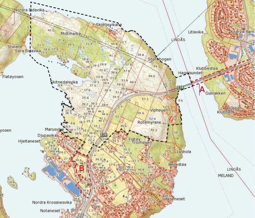 oppheng på utsida av brua. Då vil det vere trong for å utvide planområdet over brua og inn på Lindåssida. Figur 3 Framlegg til utviding av plangrensa mot sør og aust merka med raud stipla line.