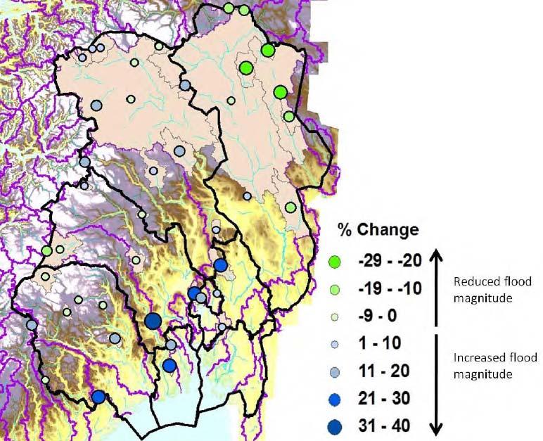 Figur 1-2. Endring i vannføring som følge av klimaendringer. Resultatene er basert på framtidige klimascenario, regionale analyser og HBV-modeller i uregulerte nedbørfelt.