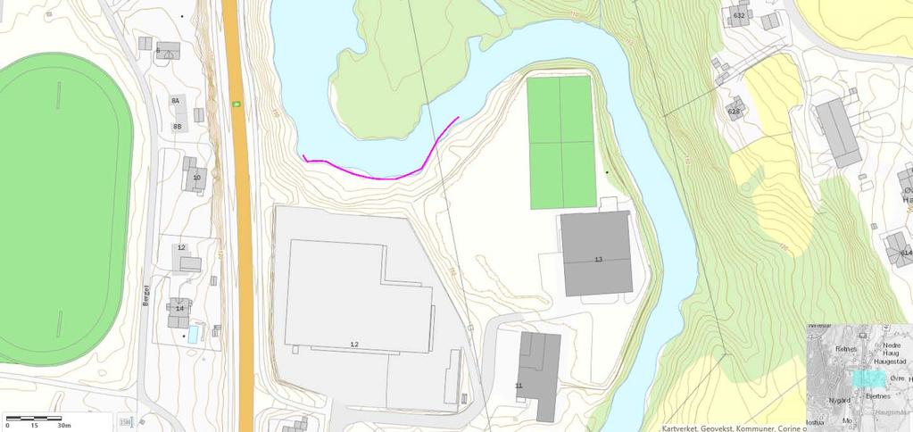 2 Kart som viser erosjonssikringen (lilla strek) og flomvollen (blå strek) ved Nitteldal tennissenter. Kilde: NVE Atlas. 6.