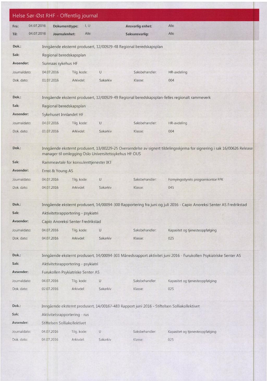 o Fra: 04.07.2016 Dokumenttype: I, U Ansvarlig enhet: Alle Dok.: Inngående eksternt produsert, 12/00929-48 Regional beredskapsplan Regional beredskapsplan Sunnaas sykehus HF Journaldato: 04.07.2016 Tilg.