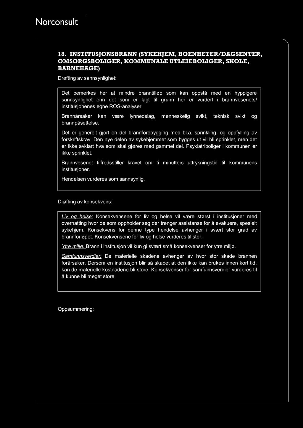 18. INSTITUSJONSBRA NN (SYKEHJEM, BOENHE TER/DAGSENTER, OMSORGSBOLIGER, KOMM UNALE UTLEIEBOLIGER, SKOLE, BARNEHAGE) Drøfting av san nsynlighet: Det bemerkes her at mindre branntilløp som kan oppstå