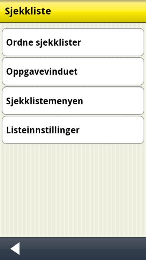 En innstillingsmeny vises. For å komme til Sjekkliste innstillingene velger man Sjekkliste på side 2. Vinduet til høyre vises.