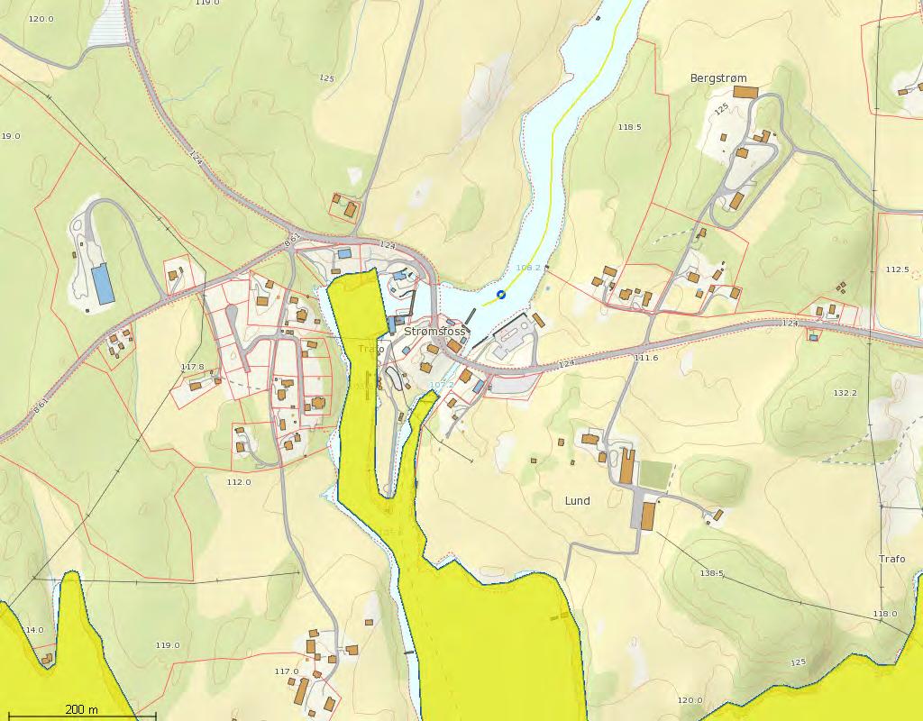 5.8 Vannkvalitet Det er en målestasjon (vist med blå sirkel på kartet) over slusen/ kraftstasjonen i Strømselva. Vannkvaliteten (gult område) er vurdert som moderat.