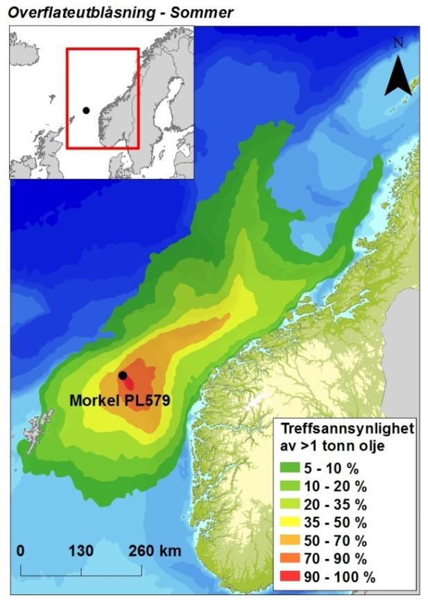 Figur 9-3. Sannsynligheten for treff av mer enn 1 tonn olje i 10 10 km sjøruter gitt en overflateutblåsning fra letebrønn Morkel, fordelt på sesong.