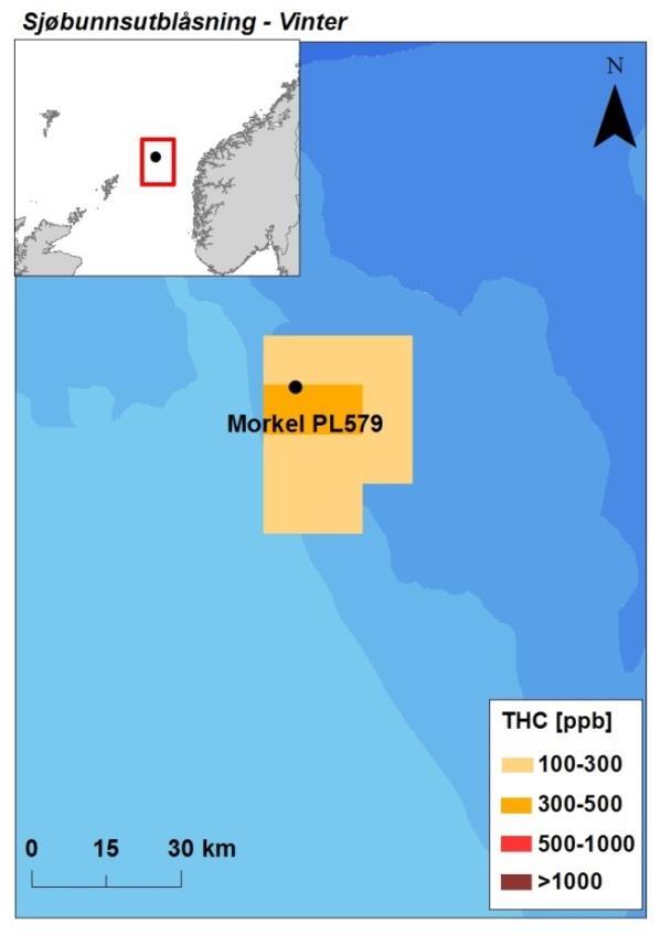 Figur 9-5. Beregnet gjennomsnittlige THC konsentrasjoner ( 100 ppb) i 10 10 km sjøruter gitt en sjøbunnsutblåsning fra letebrønn Morkel, fordelt på sesong.