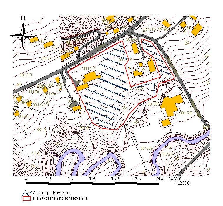 Figur 6: Oversikt over planområdet og sjaktene På Hovenga så ble det undersøkte området begrenset i forhold til planområdet av flere grunner.