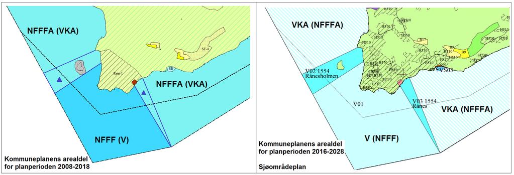 Areal i sjø Arealformål i gjeldende plan (kommuneplanens arealdel 2008-2018) Vurderes endret til arealformål To områder ved Rånes i Kornstadfjorden og