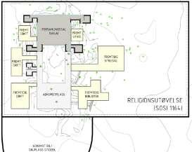 illustrasjonsplan for forsamlingslokale med atkomst. På 15 mindre bestemmelsesområder (sirkler med diameter 20 meter) planlegges mindre enkeltbygg.