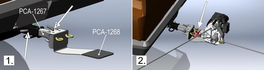 DEN SKAL. PLASSER KLOSSER BAK HJULENE FOR Å HINDRE AT KJØRETØYET RULLER BAKOVER. 3.3.3 Bruk av vinsjens støtteplate (PCA-1268) med firkant rør 50 mm (2'') (PCA-1267) 1) Figur 1, nr.