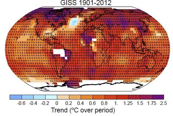 Klimavariasjoner på lange tidsskaler Temperatur siste 150 år Temperaturøkningen er størst over land (mindre effektiv varmekapasitet) og på nordlige bredder