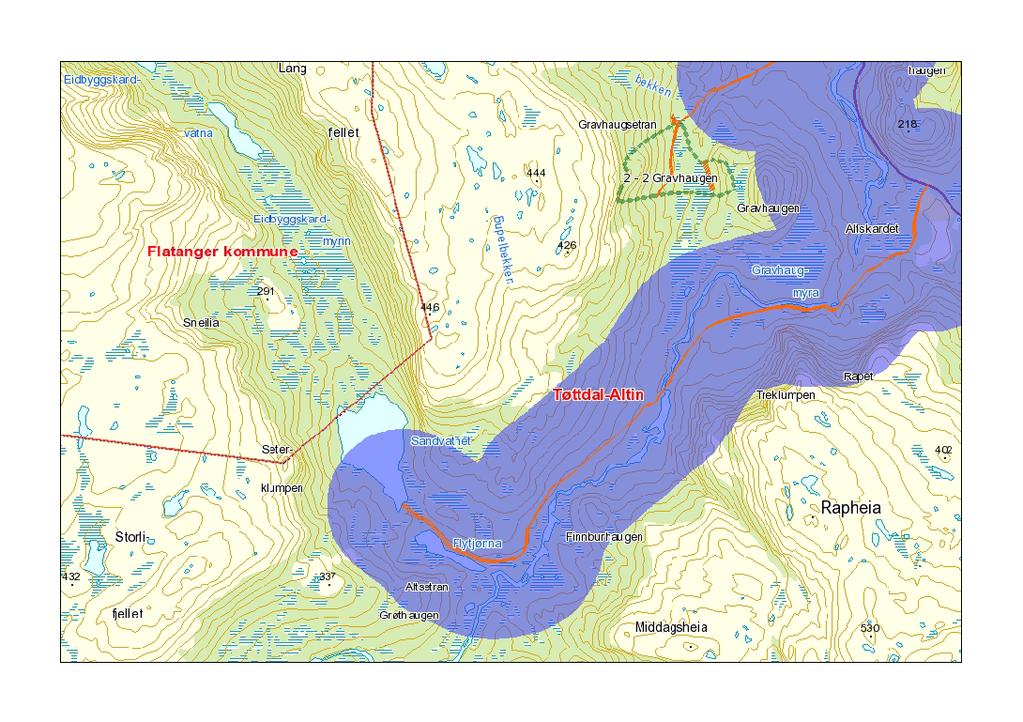 Eksempel på kartutsnitt Rød linje er avgrensning av geografisk område, her også kommunegrense Blått felt er dekningsområde for eksisterende veg Grønn stiplet linje avgrenser dekningsområde for ny veg