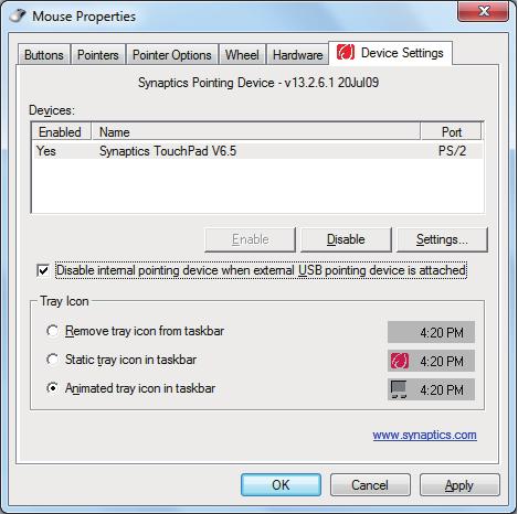 2. Klikk Device Settings (Enhetsinnstillinger) på toppen og klikk avmerkingsboksen Disable internal pointing device when external USB pointing device is